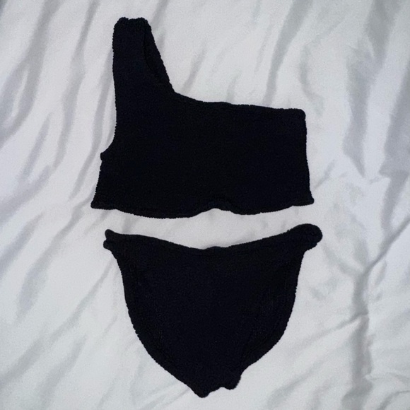 Hunza G Black Bikini SET Nancy One Shoulder Size Crinkle Stretchy Swimsuit Rare - Picture 3 of 12